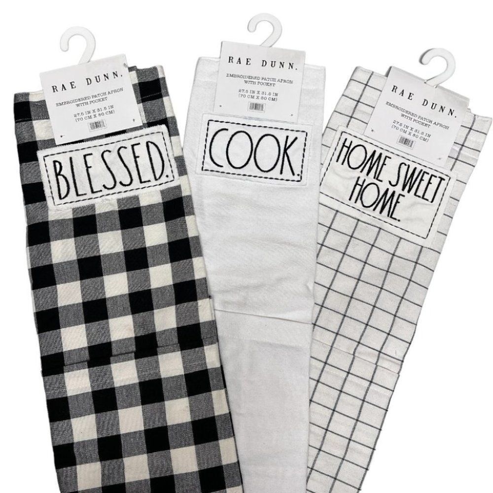 Rae Dunn Blessed /Cook /Home Sweet Home Apron Embroidered Patch Pocket Checked
